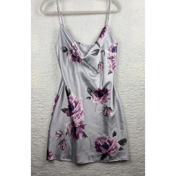 Floral Satin Slip Dress Women’s M/L Silver Purple Cowl Neck - Picture 7 of 7